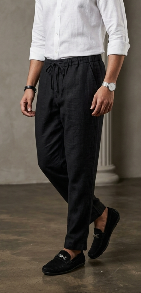 Black Cotton Linen Drawstring Pants