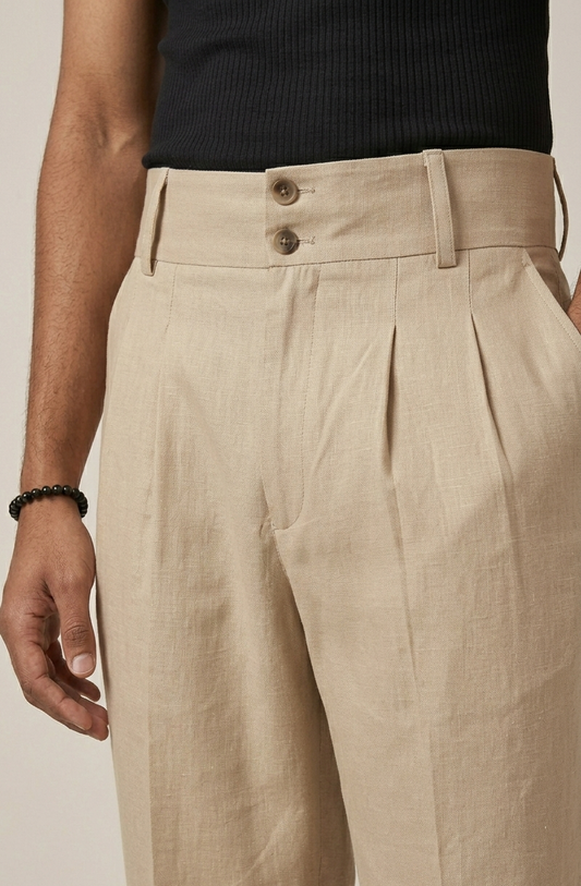 Beige Cotton Pleated Pants