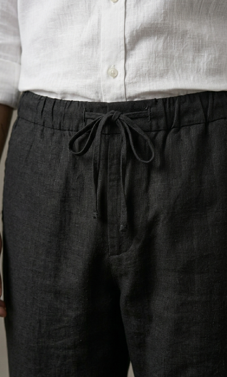 Black Cotton Linen Drawstring Pants