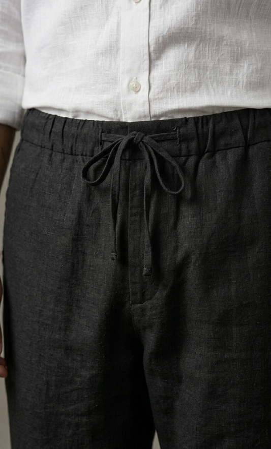 Black Cotton Linen Drawstring Pants