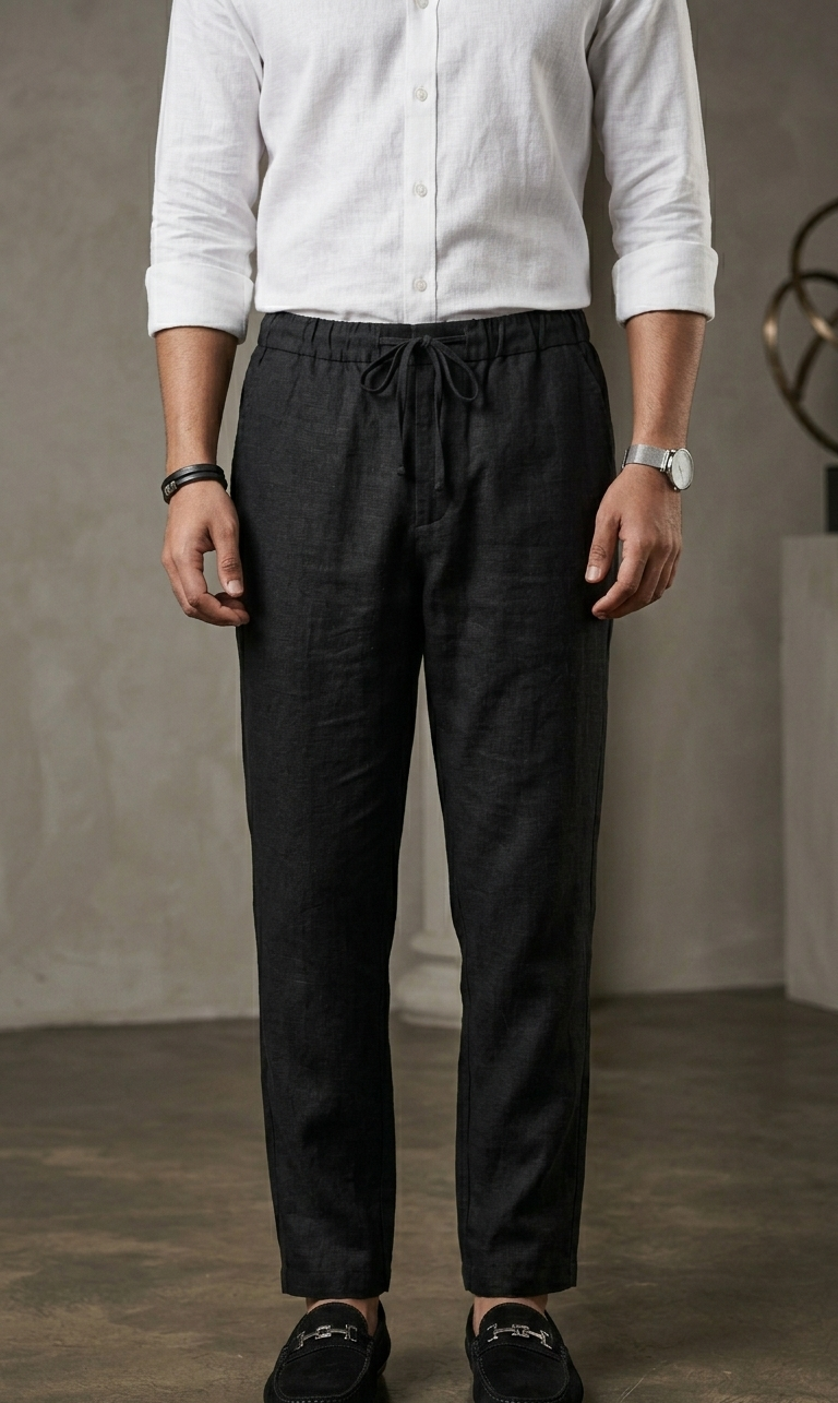 Black Cotton Linen Drawstring Pants