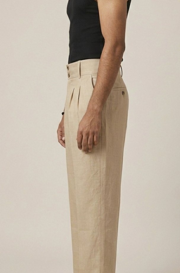 Beige Cotton Pleated Pants