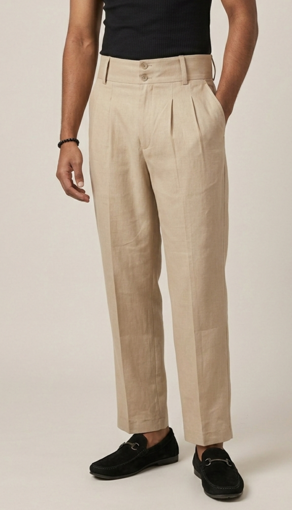 Beige Cotton Pleated Pants