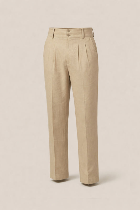 Beige Cotton Pleated Pants